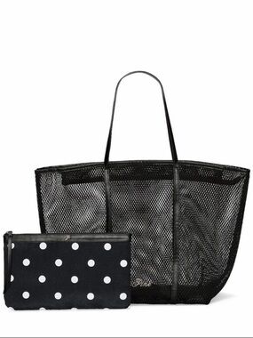 VS PINK Black Mesh Tote Bag with Polka Dot Pouch, NWT